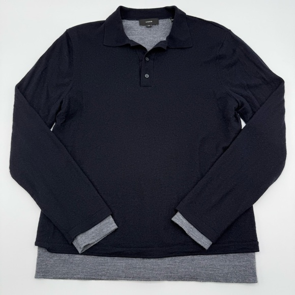 Vince Men's Merino Wool Double Layer Polo Sweater Navy Blue Grey Large - Picture 1 of 9